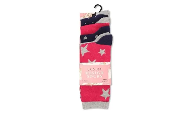 Ladies Design Socks Assorted Styles Uk 4-7 5 Pk - Pink & Navy Stars