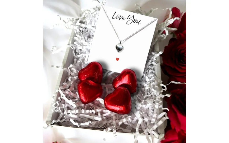 Aye Do Gifts Sterling Silver Puff Heart Necklace & Caramel Chocolate Hamper - 16-inch Chain, 11