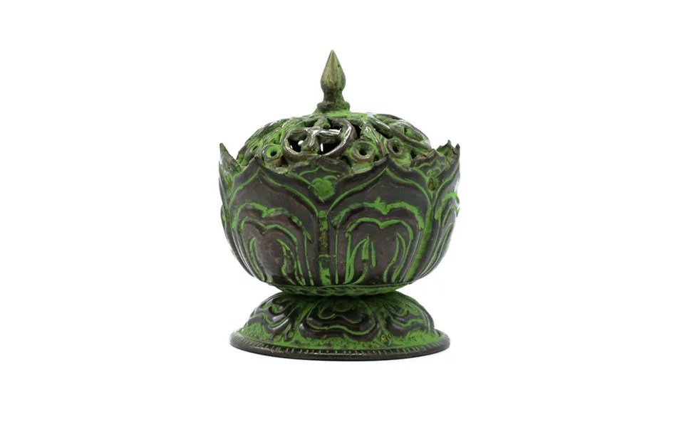 Brass Verdigris Tibetan Incense Burner - Small Lotus