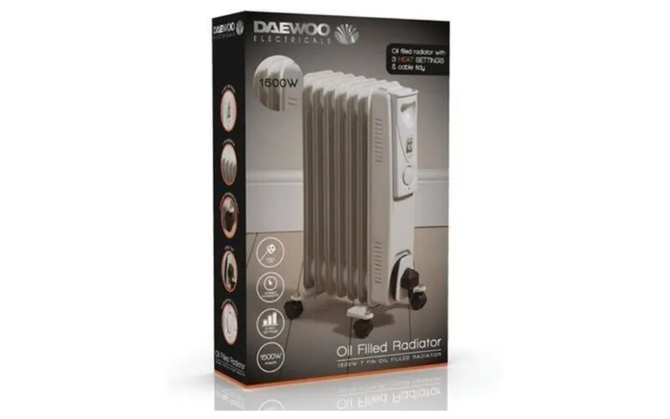 Daewoo 1000w 5 Fin Oil Filled Radiator Heater - Portable, Thermostatic Control