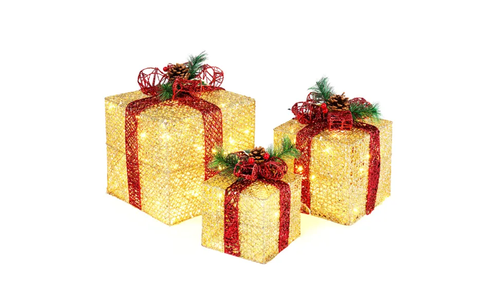 Golden Illuminated Gift Box Garden Decorations Set - 10 , 8 , 6