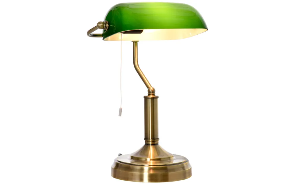 Homcom Polished Brass Effect Banker's Lamp With Green Glass Shade & Pull Rope