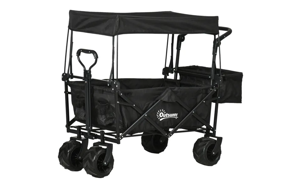 Outsunny Garden Trolley Cart - Black, 2 Compartments, 4 Wheels With Canopy & Handle