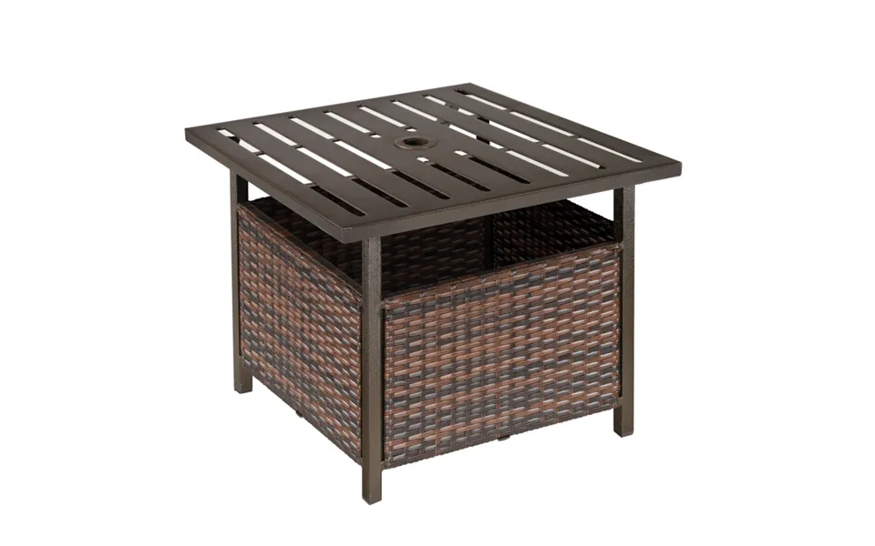 Outsunny Rattan Outdoor Coffee Table With Storage & Umbrella Hole - Powder-coated Steel Top