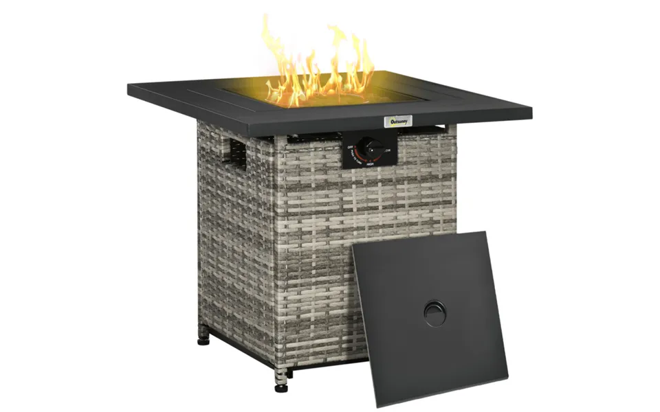 Outsunny Rattan-effect Gas Fire Pit Table - 40,000 Btu With Rain Cover & Mesh Lid