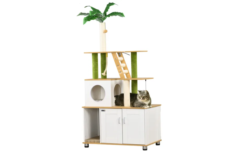 Pawhut 2-in-1 Hidden Litter Box & Green Leaf Cat Tree - Oak
