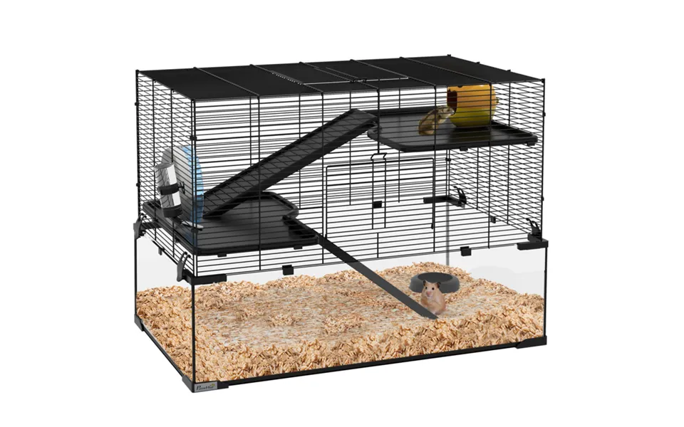 Pawhut 3 Tier Hamster Cage With Deep Glass Base, Hut & Accessories - 78