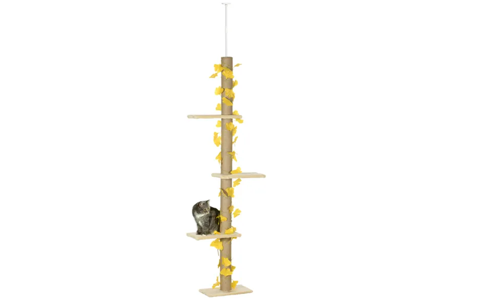 Pawhut Adjustable Floor-to-ceiling Cat Tree 202-242cm - Jute Scratching Post, Pine Wood, Anti-slip Kit