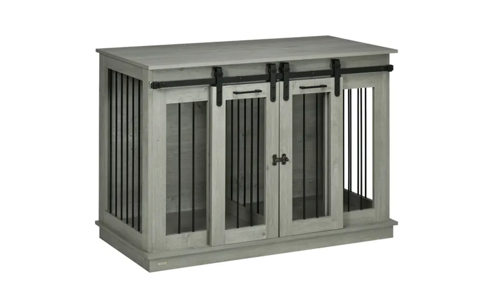 Pawhut Double Dog Crate Furniture Rustic Farmhouse Style Grey