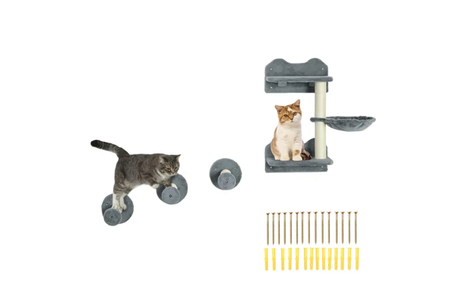 Pawhut Wall-mounted Cat Shelf & Scratching Post Set - Grey, Up To 5kg
