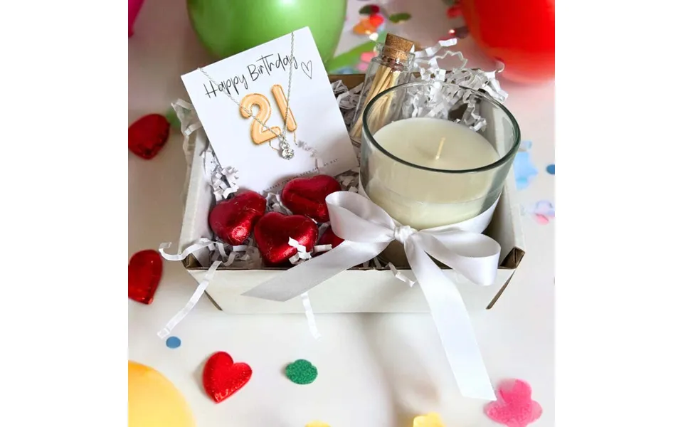 Small 21st Birthday Gold Balloons Gift Hamper - Cubic Zirconia Charm Necklace, Chocolates & Candle