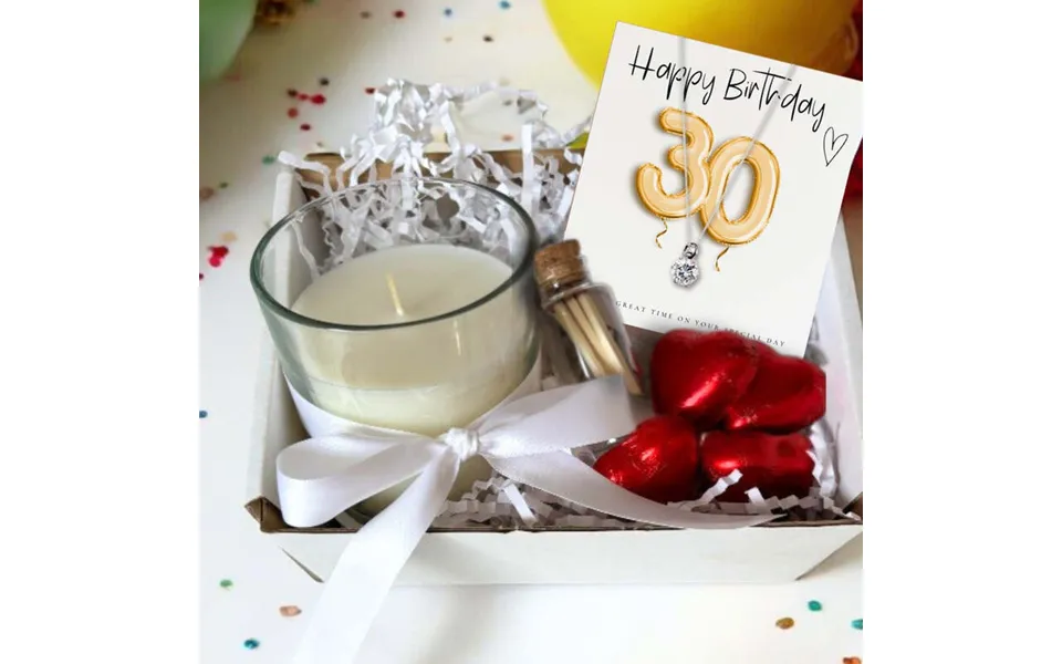 Small 30th Birthday Gold Balloons Gift Hamper - Cubic Zirconia Charm Necklace, Chocolates & Candle