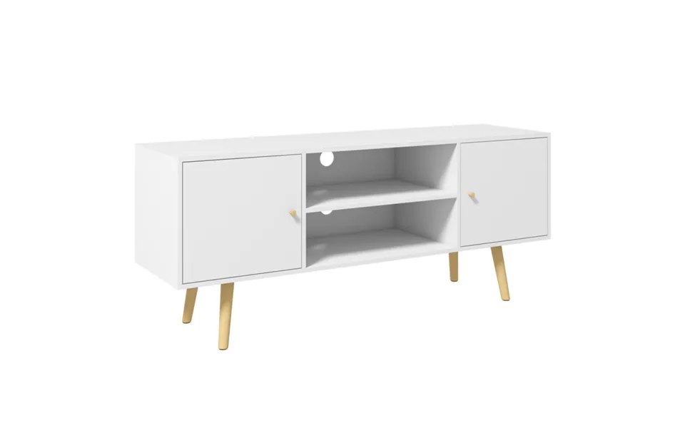White Tv Stand Cabinet With Cable Management & Wood Legs - 120cm
