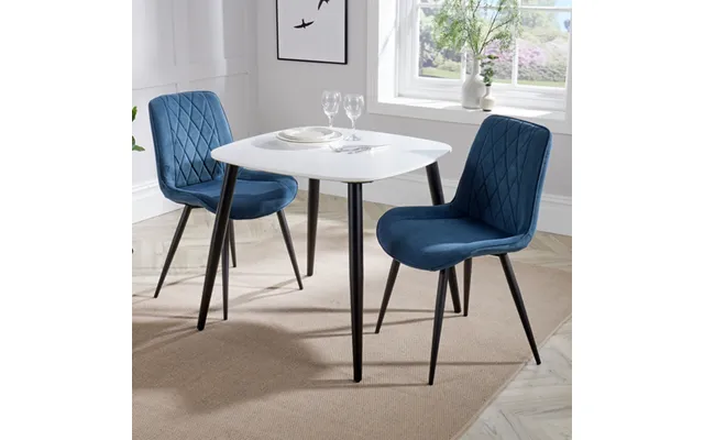 Arta Square White Wooden Dining Table 2 Blue Diamond Chairs