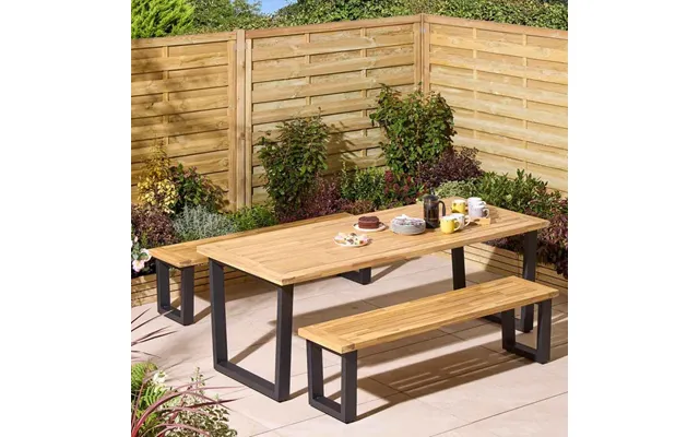 Aurum Large Wooden Garden 6 Seater Dining Set With Bench In Natural And Black