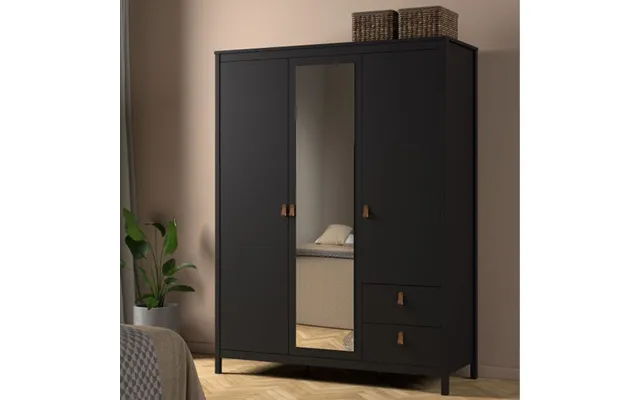 Barcila Mirrored Wooden Wardrobe 3 Doors 2 Drawers In Black