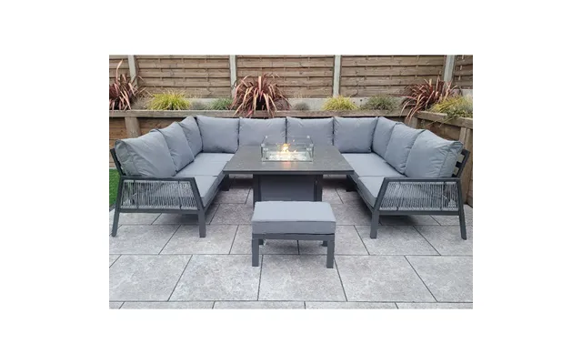 Bessie Glass Top U Shaped Garden Seating Set With Fire Pit In Grey