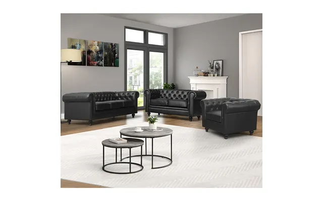 Hertford Chesterfield Faux Leather 3 2 1 Sofa Set In Black