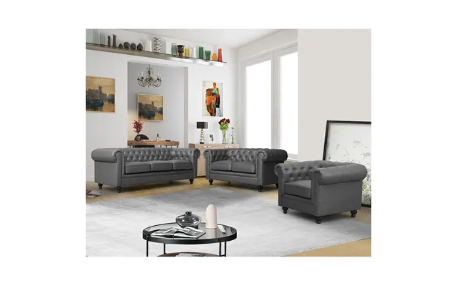 Hertford Chesterfield Faux Leather 3 2 1 Sofa Set In Dark Grey
