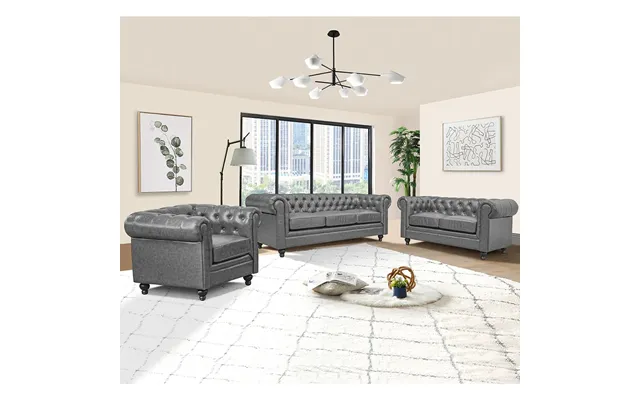 Hertford Chesterfield Faux Leather 3 2 1 Sofa Set In Vintage Grey