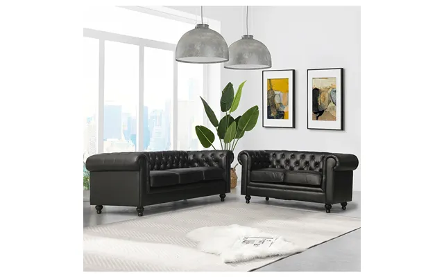 Hertford Chesterfield Faux Leather 3 2 Seater Sofa Set In Black