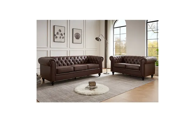 Hertford Chesterfield Faux Leather 3 2 Seater Sofa Set In Dark Brown