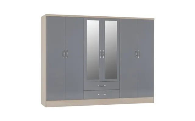 Mack Oak Wooden Wardrobe With 6 Doors Grey Gloss Front