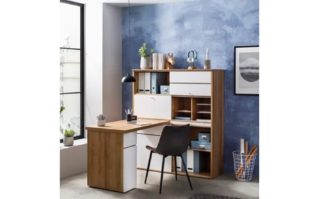 Macon Wooden Computer Desk Corner With Bookcase In Oak And White