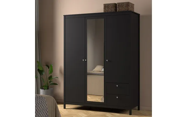 Macron Mirrored Wooden Wardrobe 3 Doors 2 Drawers In Black