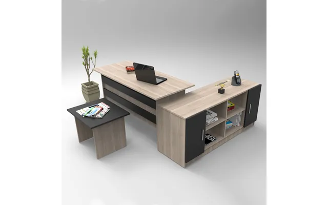 Prescott Wooden Corner Computer Desk With Coffee Table Set In Oak And Black