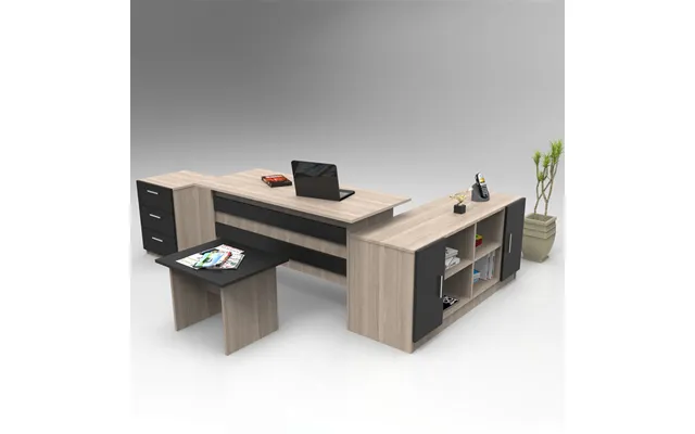 Prescott Wooden Corner Executive Office Furniture Set In Oak And Black