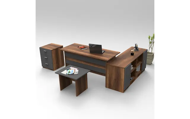 Prescott Wooden Corner Executive Office Furniture Set In Walnut And Anthracite