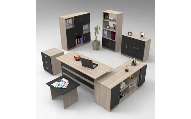 Prescott Wooden Corner Executive Office Furniture Set With 13 Door Storage Unit In Oak Larx And Black