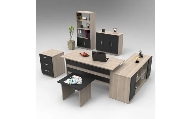 Prescott Wooden Corner Executive Office Furniture Set With 7 Door Storage Unit In Oak And Black