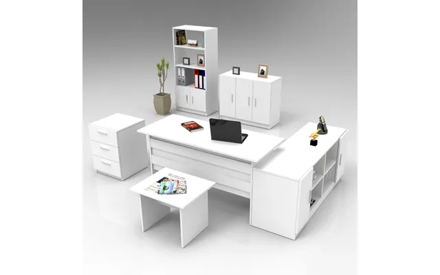 Prescott Wooden Corner Executive Office Furniture Set With 7 Door Storage Unit In White