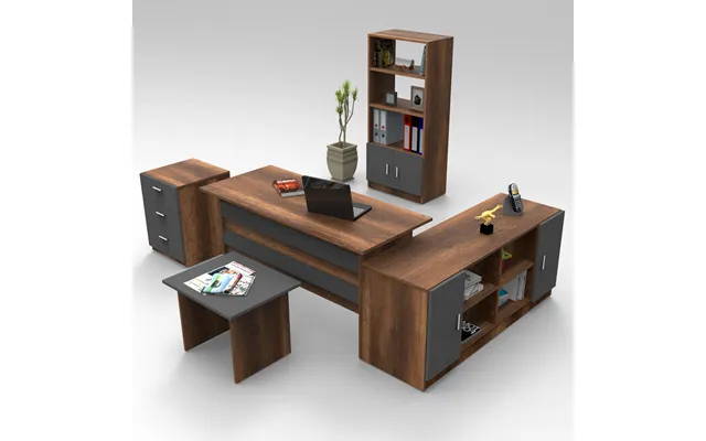 Prescott Wooden Corner Executive Office Furniture Set With Bookcase In Walnut And Anthracite