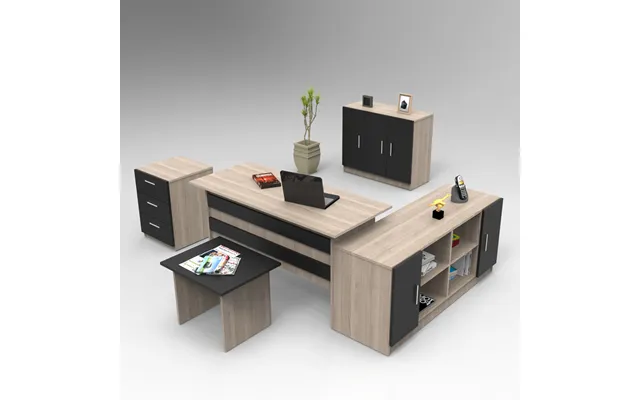 Prescott Wooden Corner Executive Office Furniture Set With Storage Cabinet In Oak And Black