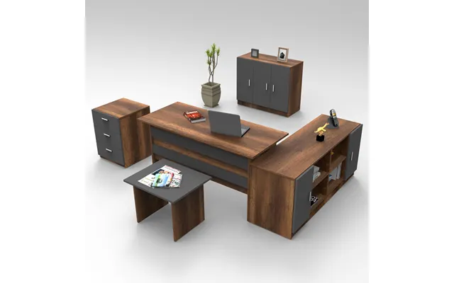 Prescott Wooden Corner Executive Office Furniture Set With Storage Cabinet In Walnut And Anthracite