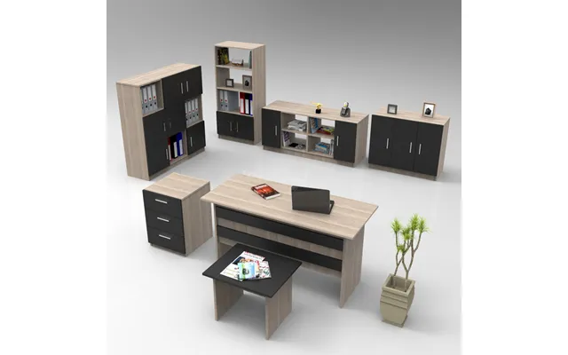Prescott Wooden Executive Office Furniture Set With 13 Door Storage Unit In Oak And Black