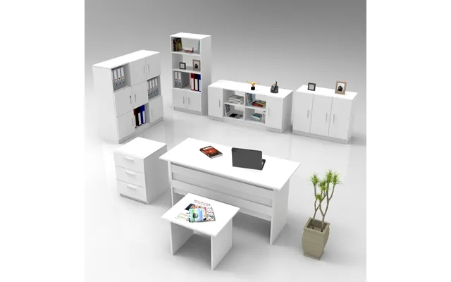 Prescott Wooden Executive Office Furniture Set With 13 Door Storage Unit In White