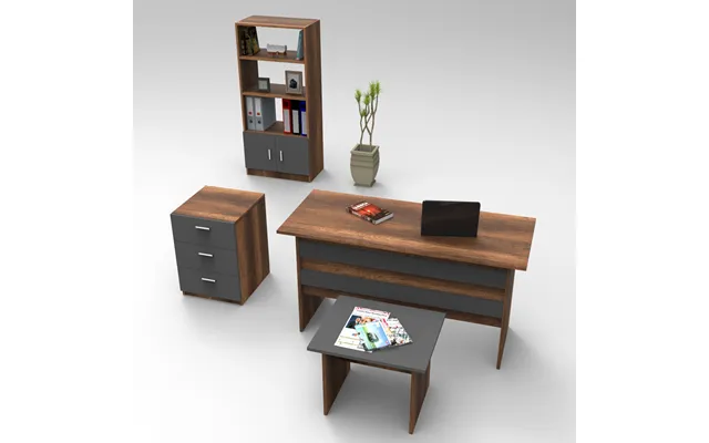 Prescott Wooden Executive Office Furniture Set With Bookcase In Walnut And Anthracite