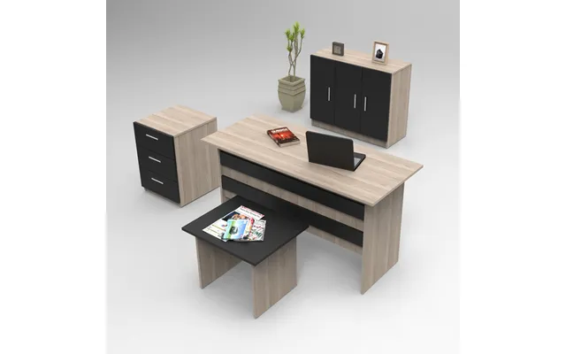 Prescott Wooden Executive Office Furniture Set With Storage Cabinet In Oak And Black