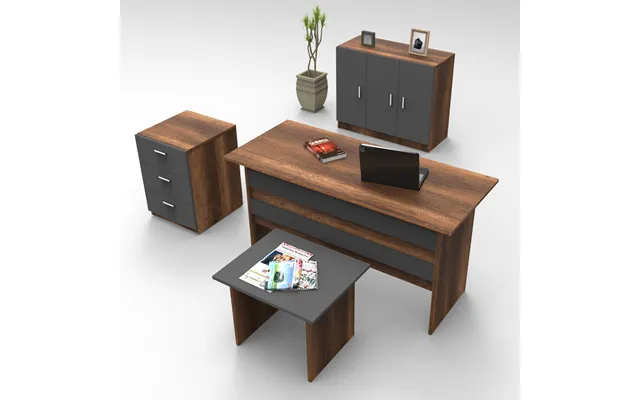Prescott Wooden Executive Office Furniture Set With Storage Cabinet In Walnut And Anthracite