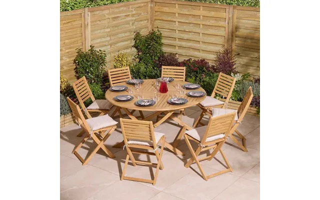 Serenity Wooden Round Dining Table With 8 Chairs And Cushions In Natural