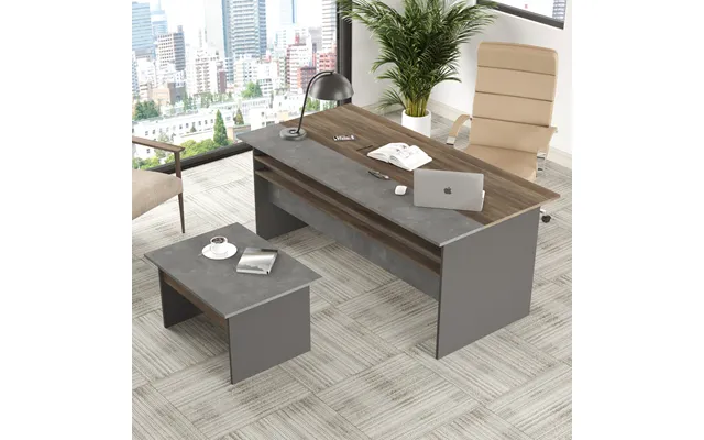 Windsor Wooden Computer Desk With Nesting Table Set In Brown Grey And Anthracite