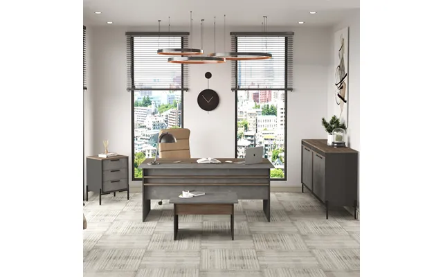 Windsor Wooden Executive Office Furniture Set And Sideboard In Brown Silver And Anthracite