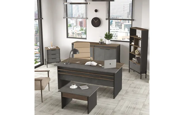 Windsor Wooden Executive Office Furniture Set With Bookcase In Brown Silver And Anthracite