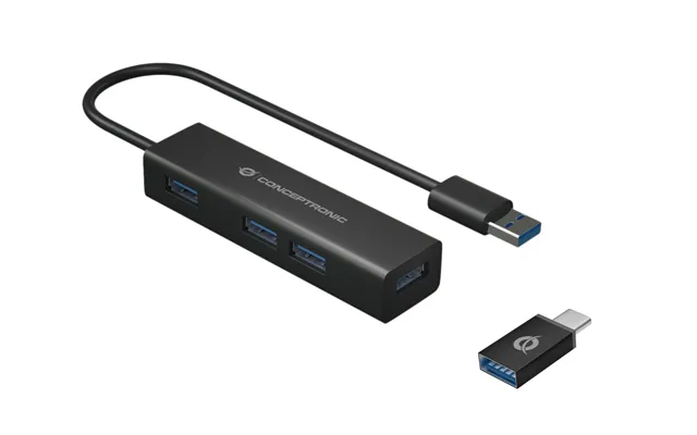 Conceptronic 4-port Usb 3.0 Aluminum Hub With Usb-c To Usb-a Adapter
