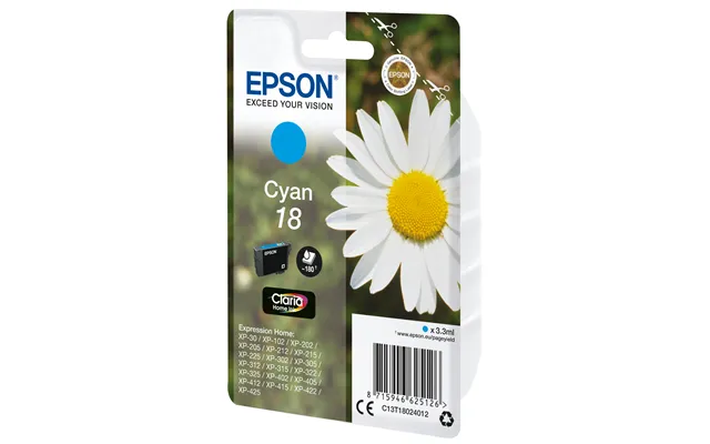 Epson C13t18024012 18 Ink Cartridge Cyan. 180 Pages 3ml For Epson Xp 3