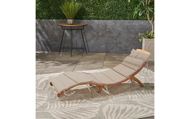 Foldable Acacia Wood Sun Lounger Cushion Outdoor Wooden Reclining Chair Pad With Headrest & Ties - Stone